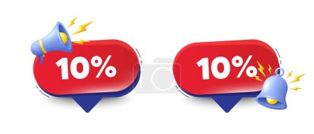 Illustration for 10 percent off sale tag. Speech bubbles with 3d bell, megaphone. Discount offer price sign. Special offer symbol. Discount chat speech message. Red offer talk box. Vector - Royalty Free Image
