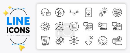 Illustration for Networking, Cardboard box and Crepe line icons set for app include Balance, Medicine, Sunscreen outline thin icon. Low percent, Work time, Inventory report pictogram icon. Mountain flag. Vector - Royalty Free Image