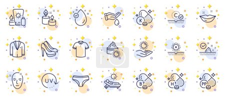 Illustration for Outline set of T-shirt, No sun and Uv protection line icons for web app. Include Sunscreen, Sun protection, Health skin pictogram icons. Panties, Skin care, Vitamin h1 signs. Shoes. Vector - Royalty Free Image