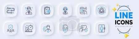 Illustration for Brand, Support consultant and Timer line icons for web app. Pack of Elevator, Bitcoin pay, Sick man pictogram icons. Shipping support, Hold heart, Security agency signs. Teamwork. Vector - Royalty Free Image