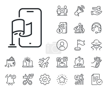 Illustration for Goal destination sign. Salaryman, gender equality and alert bell outline icons. Location app line icon. Flag pointer symbol. Location app line sign. Spy or profile placeholder icon. Vector - Royalty Free Image