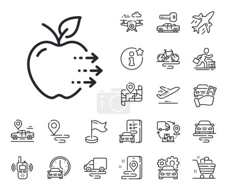 Illustration for Apple fruit sign. Plane, supply chain and place location outline icons. Food delivery line icon. Catering service symbol. Food delivery line sign. Taxi transport, rent a bike icon. Travel map. Vector - Royalty Free Image