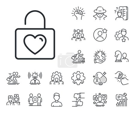 Illustration for Love symbol. Specialist, doctor and job competition outline icons. Locker with Heart line icon. Valentines day or Wedding sign. Wedding locker line sign. Avatar placeholder, spy headshot icon. Vector - Royalty Free Image