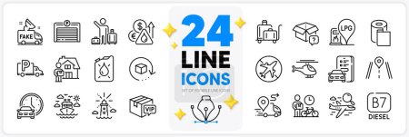 Illustration for Icons set of Fuel price, Fake news and Truck parking line icons pack for app with Helicopter, Airport transfer, Parking garage thin outline icon. Ship travel, Search flight. Vector - Royalty Free Image