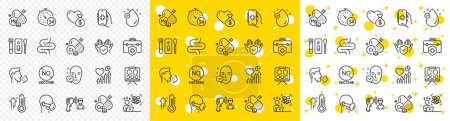 Illustration for Outline Insurance hand, Health app and Difficult stress line icons pack for web with Face accepted, High thermometer, No vaccine line icon. Cough, Medical mask, Vitamin e pictogram icon. Vector - Royalty Free Image