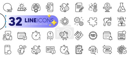 Photo for Outline set of Covid test, Article and Support consultant line icons for web with Vaccine announcement, 5g phone, Time management thin icon. Vitamin a, Coronavirus. Design with yellow 3d stars. Vector - Royalty Free Image