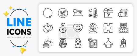 Illustration for Bid offer, Secret gift and Coffee beans line icons set for app include Ice cream milkshake, Yummy smile, Money bag outline thin icon. Refresh, Startup, Loyalty points pictogram icon. Vector - Royalty Free Image