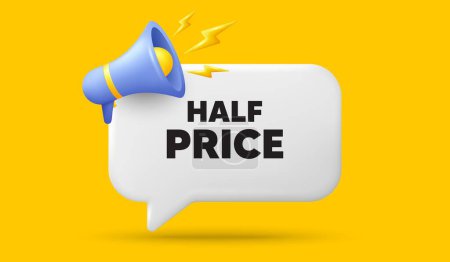 Illustration for Half Price tag. 3d speech bubble banner with megaphone. Special offer Sale sign. Advertising Discounts symbol. Half price chat speech message. 3d offer talk box. Vector - Royalty Free Image
