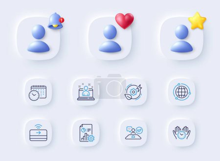 Illustration for Calendar time, Safe time and Contactless payment line icons. Placeholder with 3d bell, star, heart. Pack of Green energy, Job interview, Globe icon. Report, Best manager pictogram. Vector - Royalty Free Image