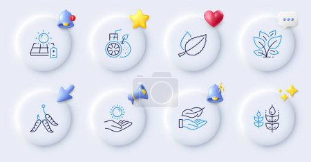 Illustration for Lightweight, Sun protection and Orange juice line icons. Buttons with 3d bell, chat speech, cursor. Pack of Mint leaves, Maggots, Leaf icon. Solar panel, Gluten free pictogram. Vector - Royalty Free Image