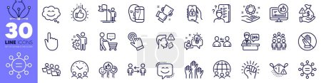 Illustration for Locked app, Empower and Teamwork business line icons pack. Employee hand, Global business, Buyer think web icon. Corrupt, Idea, Medical mask pictogram. Voting hands, Reception desk, Cough. Vector - Royalty Free Image