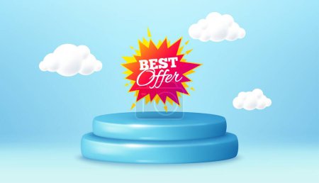 Illustration for Best offer sticker. Winner podium 3d base. Product offer pedestal. Discount banner shape. Sale coupon bubble icon. Best offer promotion message. Background with 3d clouds. Vector - Royalty Free Image