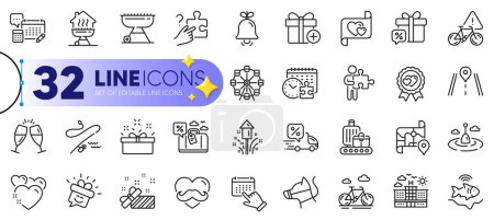 Illustration for Outline set of Dog leash, Event click and Father day line icons for web with Fishing rod, Present, Home grill thin icon. Champagne glasses, Account, Search puzzle pictogram icon. Vector - Royalty Free Image