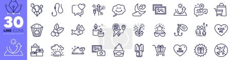 Illustration for Hook, Be mine and Journey line icons pack. Smile, Sale bags, Shopping cart web icon. Kiss me, Aroma candle, Popcorn pictogram. Fireworks, Sunset, Heart. Surprise gift, Christmas holly. Vector - Royalty Free Image