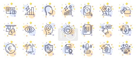Illustration for Outline set of Microphone, Head and Fireworks stars line icons for web app. Include Bid offer, Notification bell, Spanner pictogram icons. Cv documents, Opened gift, Love signs. Vector - Royalty Free Image