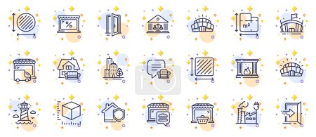 Illustration for Outline set of Sports stadium, Lighthouse and Open door line icons for web app. Include Skyscraper buildings, Lounge place, Arena stadium pictogram icons. Square area, Delivery truck. Vector - Royalty Free Image