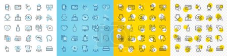 Illustration for Vector icons set of Touchscreen gesture, Sunscreen and Genders line icons pack for web with Passport document, Security agency, Latte coffee outline icon. Downloading, Baggage scales. Vector - Royalty Free Image