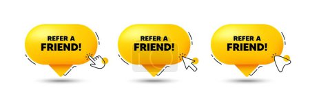 Illustration for Refer a friend tag. Click here buttons. Referral program sign. Advertising reference symbol. Refer friend speech bubble chat message. Talk box infographics. Vector - Royalty Free Image
