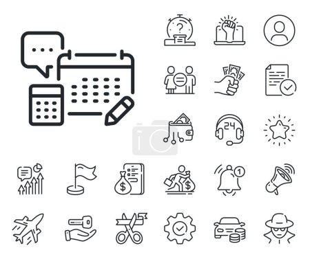 Illustration for Calculate annual report sign. Salaryman, gender equality and alert bell outline icons. Accounting calendar line icon. Speech bubble symbol. Account line sign. Spy or profile placeholder icon. Vector - Royalty Free Image
