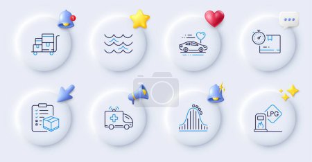 Illustration for Roller coaster, Gas station and Cardboard box line icons. Buttons with 3d bell, chat speech, cursor. Pack of Parcel checklist, Waves, Inventory cart icon. Vector - Royalty Free Image