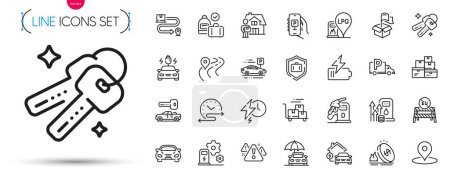 Illustration for Pack of Car, Delivery location and Gas station line icons. Include Car charging, Time schedule, Charging station pictogram icons. Warning, Road, Luggage protect signs. Keys, Gas price. Vector - Royalty Free Image