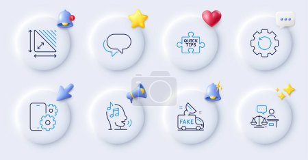 Illustration for Fake news, Triangle area and Recovery gear line icons. Buttons with 3d bell, chat speech, cursor. Pack of Phone service, Talk bubble, Voicemail icon. Quick tips, Court judge pictogram. Vector - Royalty Free Image