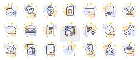 Illustration for Outline set of Analytics, Chat and Cardio training line icons for web app. Include Architect plan, Sausage, Phone transfer pictogram icons. Download, Delivery truck, Medical certificate signs. Vector - Royalty Free Image