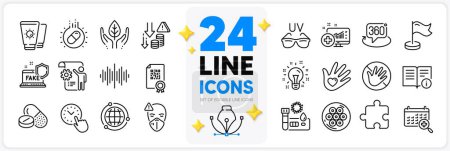 Illustration for Icons set of Technical info, Medical drugs and Sunscreen line icons pack for app with Capsule pill, Fake internet, Idea thin outline icon. Sound wave, Milestone, 360 degree pictogram. Vector - Royalty Free Image