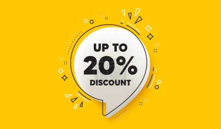 Photo for Up to 20 percent discount. 3d speech bubble yellow banner. Sale offer price sign. Special offer symbol. Save 20 percentages. Discount tag chat speech bubble message. Talk box infographics. Vector - Royalty Free Image