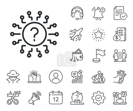 Illustration for Quiz chat bubble sign. Salaryman, gender equality and alert bell outline icons. Question mark line icon. Faq system. Question mark line sign. Spy or profile placeholder icon. Vector - Royalty Free Image