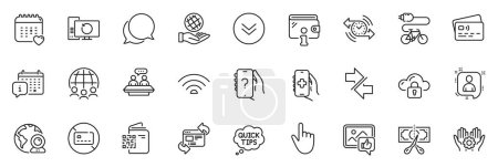 Illustration for Icons pack as Card, Refresh website and Global business line icons for app include Chat message, Cursor, Employee hand outline thin icon web set. Scroll down, Electric bike. Card outline sign. Vector - Royalty Free Image