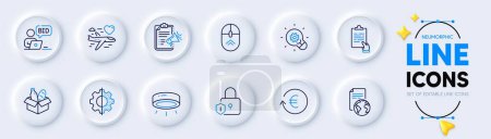 Illustration for Clipboard, Swipe up and Lock line icons for web app. Pack of Led lamp, Translation service, Food donation pictogram icons. Megaphone checklist, Transform, Honeymoon travel signs. Vector - Royalty Free Image