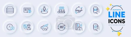 Illustration for Help, Augmented reality and Repairman line icons for web app. Pack of Mail app, Full rotation, Online voting pictogram icons. Food delivery, Servers, Charging app signs. Co2, Time. Vector - Royalty Free Image