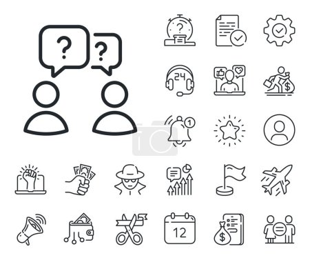 Illustration for Ask help sign. Salaryman, gender equality and alert bell outline icons. Teamwork questions line icon. Support problem symbol. Teamwork questions line sign. Spy or profile placeholder icon. Vector - Royalty Free Image