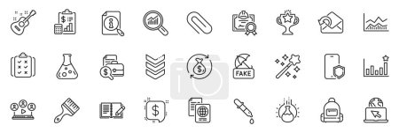 Illustration for Icons pack as Feedback, Chemistry lab and Brush line icons for app include Phone protect, Chemistry pipette, Report outline thin icon web set. Guitar, Search, Change money pictogram. Vector - Royalty Free Image