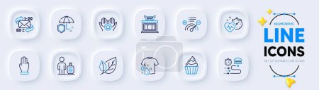 Illustration for Leaf, Umbrella and Three fingers line icons for web app. Pack of E-mail, Favorite, Food delivery pictogram icons. Cardio training, Cupcake, Wash t-shirt signs. Correct answer, Shop, Baggage. Vector - Royalty Free Image