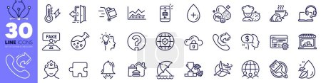 Illustration for Question mark, Croissant and Clock bell line icons pack. Chemistry lab, Share call, Food delivery web icon. Molybdenum mineral, Market, Global insurance pictogram. Oil serum, Chef, Dumbbell. Vector - Royalty Free Image