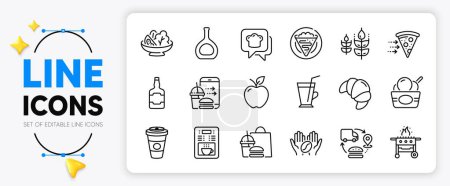 Illustration for Supply chain, Coffee cup and Food order line icons set for app include Food delivery, Gluten free, Cognac bottle outline thin icon. Coffee, Crepe, Cooking hat pictogram icon. Croissant. Vector - Royalty Free Image