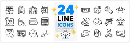 Illustration for Icons set of Group, Phone timing and Get box line icons pack for app with Recovery server, Timer, Ssd thin outline icon. Image carousel, Internet documents, Checkbox pictogram. Money, CutTalk. Vector - Royalty Free Image