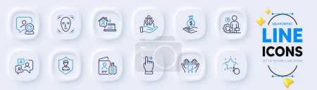 Illustration for Passport, Inspect and Income money line icons for web app. Pack of Support chat, Inclusion, Video conference pictogram icons. Face detection, Touchscreen gesture, Work home signs. Vector - Royalty Free Image