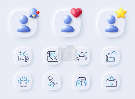 Illustration for Confirmed mail, Chemistry pipette and Security contract line icons. Placeholder with 3d bell, star, heart. Pack of Luggage insurance, Attention, Donation icon. Cream, Dog paw pictogram. Vector - Royalty Free Image