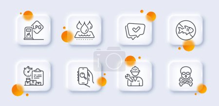 Illustration for Stop fishing, Search app and Delivery report line icons pack. 3d glass buttons with blurred circles. Waterproof, Chemical hazard, Approved web icon. Repairman, Gas station pictogram. Vector - Royalty Free Image