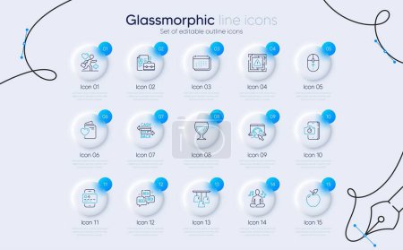 Illustration for Set of Ceiling lamp, Bid offer and Vacancy line icons for web app. Calendar, Internet, Wine glass icons. Card, Yoga music, Patient signs. Apple, Love document, Swipe up. Cashback card. Vector - Royalty Free Image