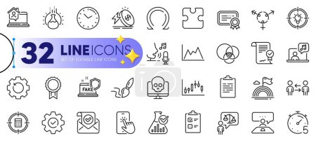 Illustration for Outline set of Music, Chemistry lab and Idea line icons for web with Candlestick graph, Certificate, Recovery gear thin icon. Confirmed mail, Interview job, Execute pictogram icon. Vector - Royalty Free Image