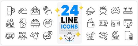 Illustration for Icons set of Wallet, Web mail and 360 degrees line icons pack for app with New, Breathable mattress, Phone calculator thin outline icon. Refrigerator timer, Fireworks. Design with 3d stars. Vector - Royalty Free Image