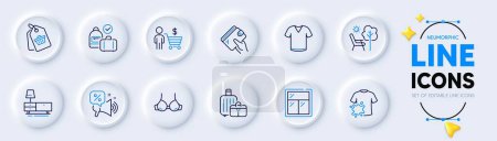 Illustration for Carry-on baggage, Deckchair and Window line icons for web app. Pack of Baggage, Wallet, Sale tag pictogram icons. Buyer, Bra, Discounts offer signs. T-shirt, Dresser, Dirty t-shirt. Vector - Royalty Free Image