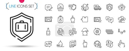 Illustration for Pack of Open box, Truck transport and Table lamp line icons. Include Write, Photo location, Medicine price pictogram icons. Inspect, Waterproof, Cursor signs. Info, Cogwheel, Ab testing. Vector - Royalty Free Image