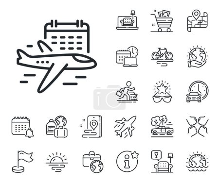 Illustration for Airplane with calendar sign. Plane jet, travel map and baggage claim outline icons. Select flight line icon. Airport flights symbol. Select flight line sign. Car rental, taxi transport icon. Vector - Royalty Free Image