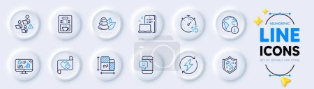 Illustration for Renewable power, Internet and Floor plan line icons for web app. Pack of Analytics graph, Coffee maker, Spa stones pictogram icons. Smile, Spanner, Timer signs. Love letter, Teamwork, Device. Vector - Royalty Free Image