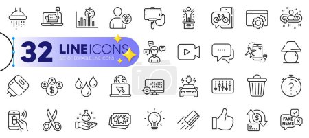 Illustration for Outline set of Shower, Waterproof and Fake news line icons for web with Energy, Credit card, Furniture thin icon. Message, Like, Trash bin pictogram icon. Conversation messages. Vector - Royalty Free Image